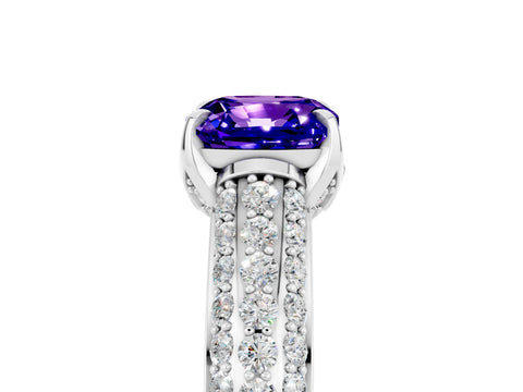 White gold Cushion Cut Tanzanite Solitaire Ring with Three-Row Pavé Band and Four-Prong Setting_17