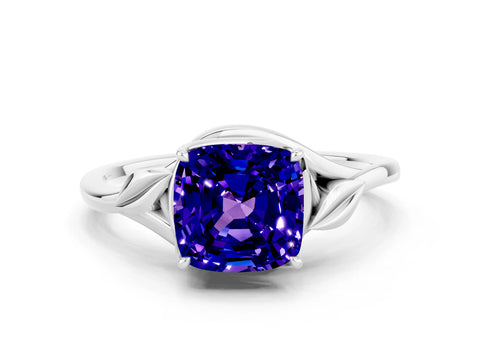 White gold Cushion Cut Tanzanite Solitaire Ring with Twist Band and Four-Prong Setting_36