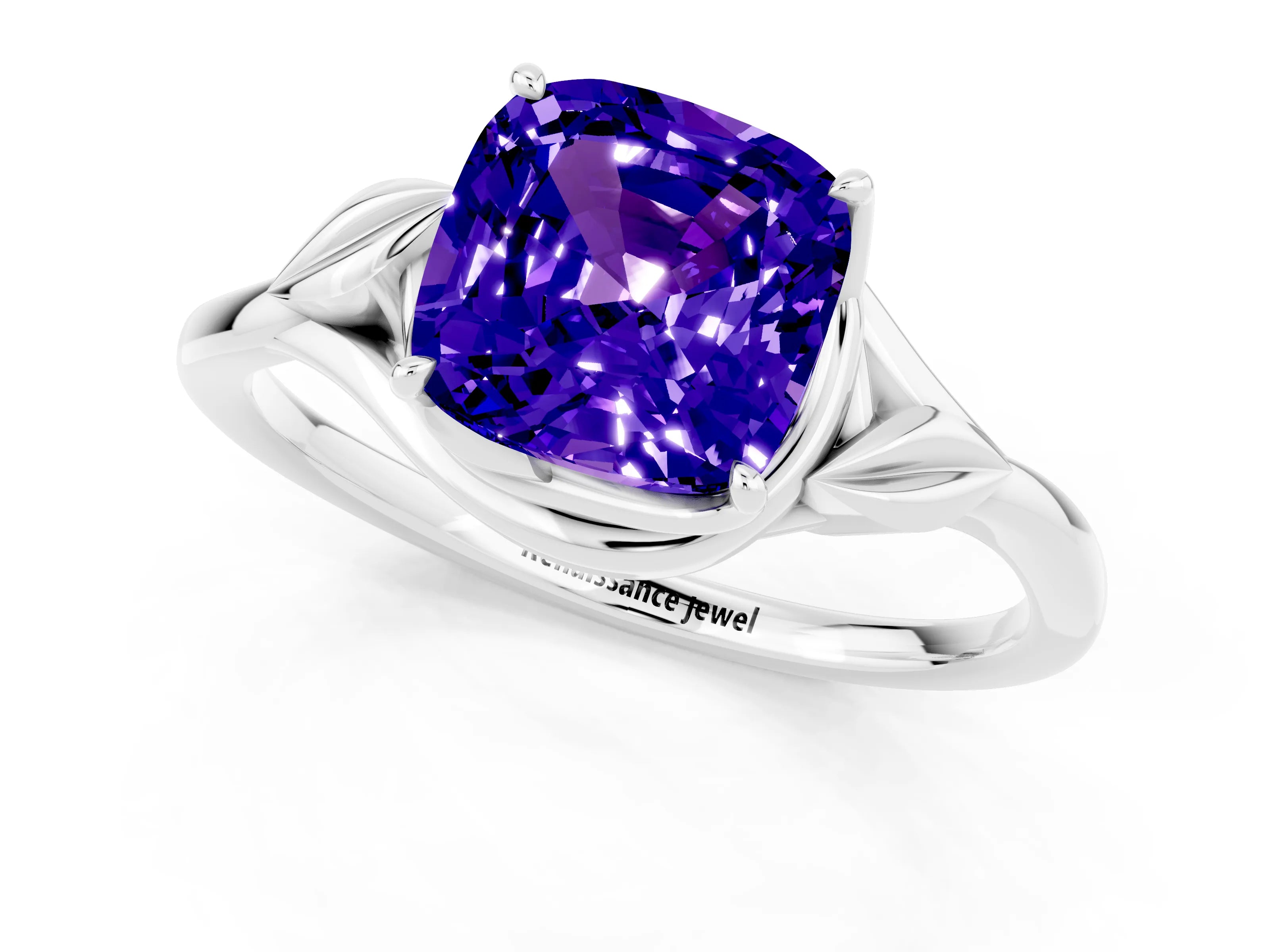 White gold Cushion Cut Tanzanite Solitaire Ring with Twist Band and Four-Prong Setting_37
