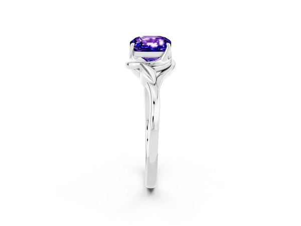 Platinum Cushion Cut Tanzanite Solitaire Ring with Twist Band and Four-Prong Setting