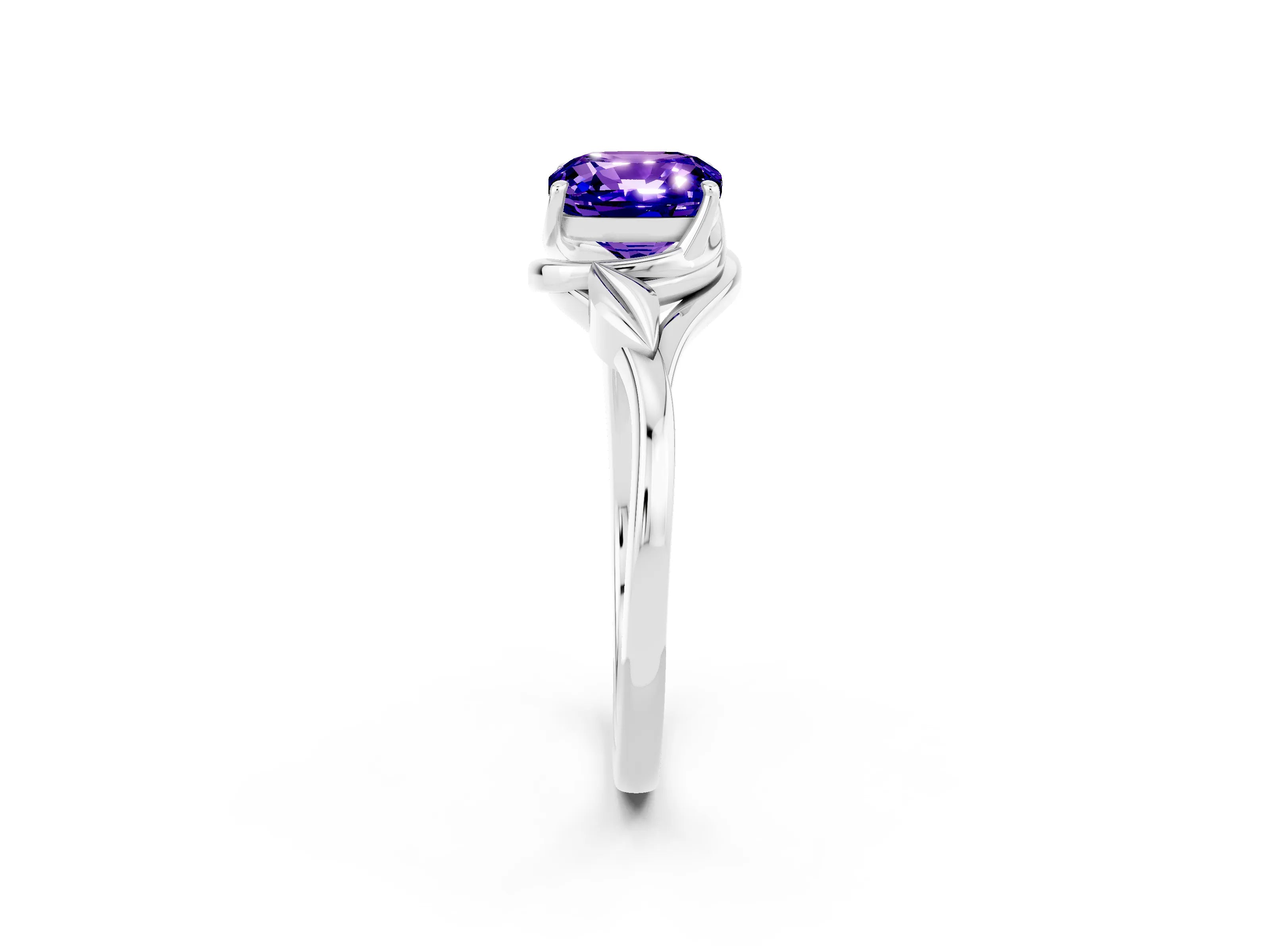White gold Cushion Cut Tanzanite Solitaire Ring with Twist Band and Four-Prong Setting_38