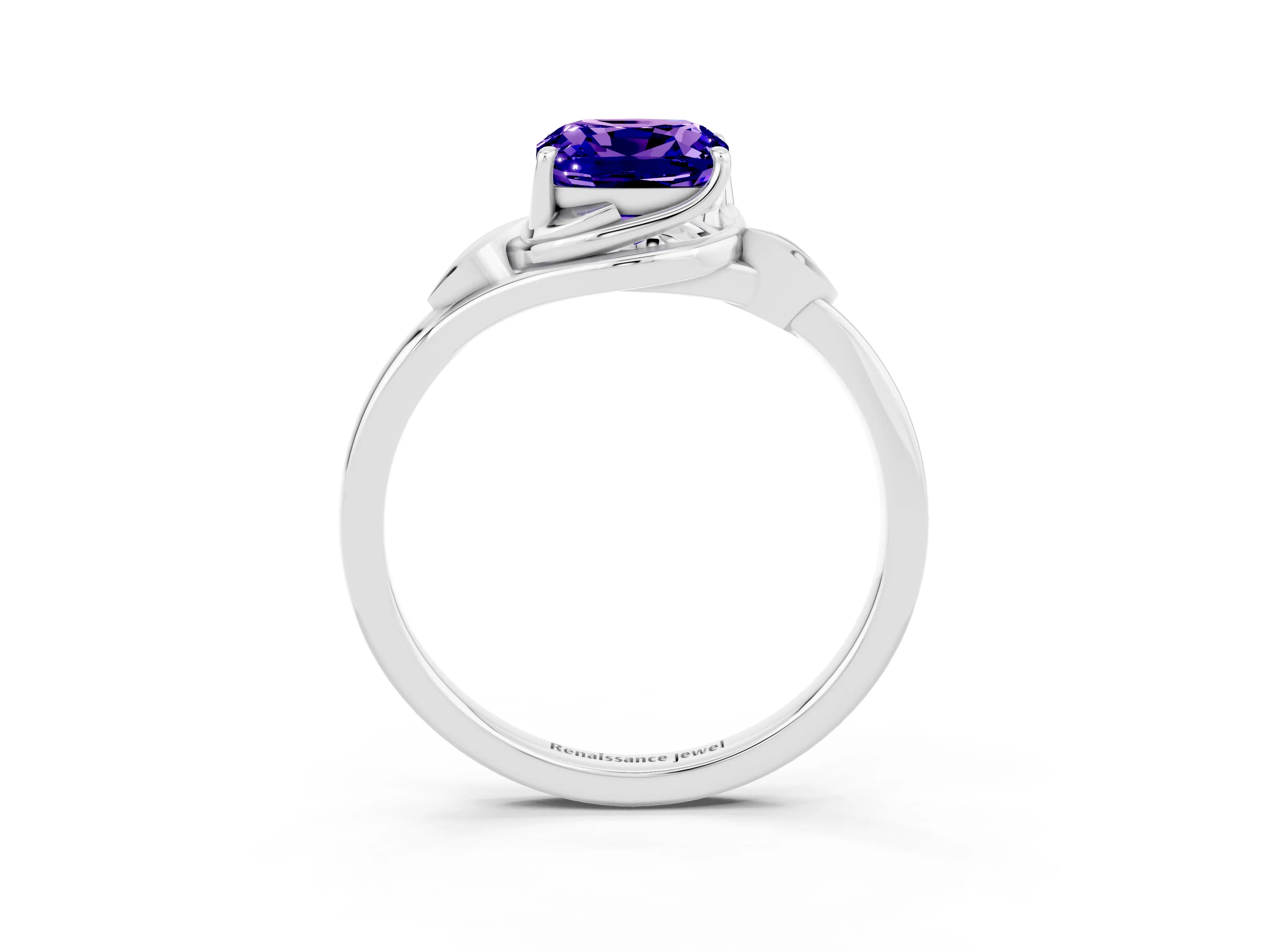 White gold Cushion Cut Tanzanite Solitaire Ring with Twist Band and Four-Prong Setting_39
