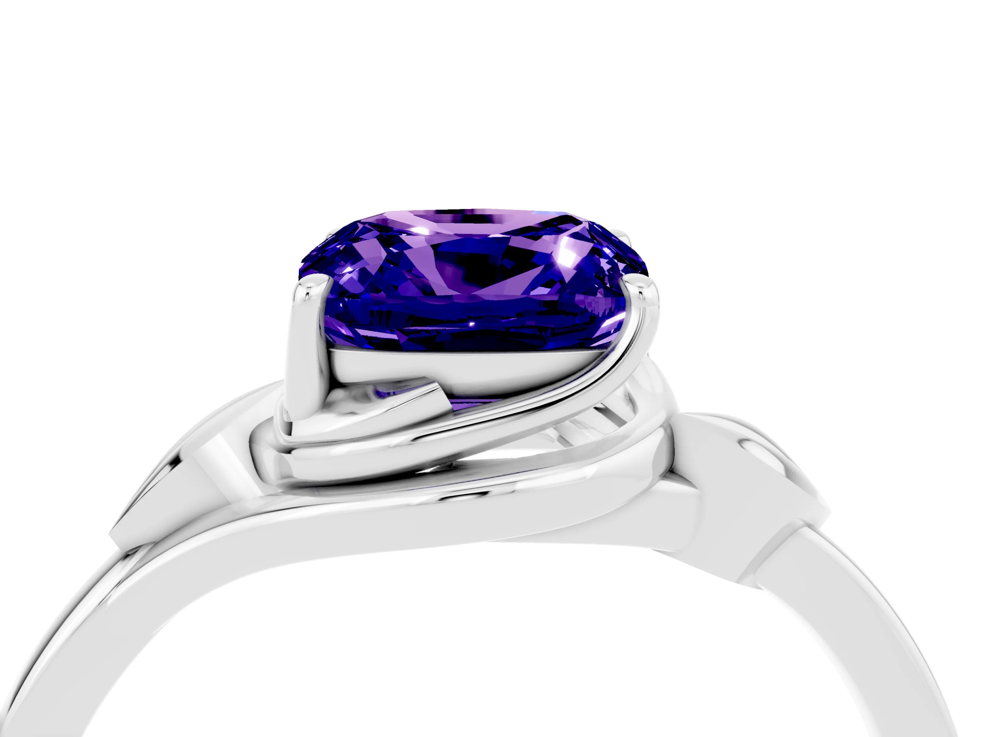 White gold Cushion Cut Tanzanite Solitaire Ring with Twist Band and Four-Prong Setting_40
