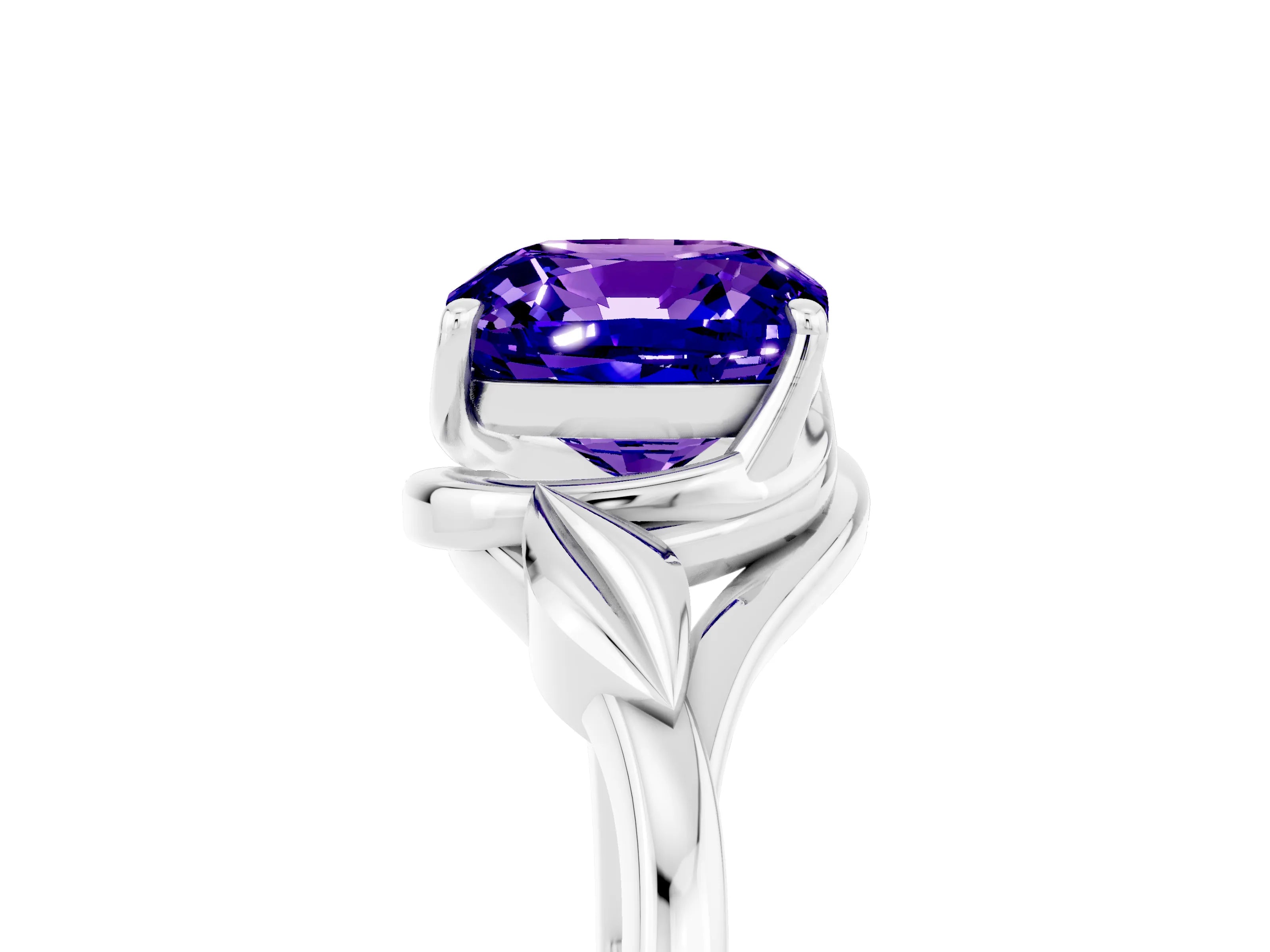 White gold Cushion Cut Tanzanite Solitaire Ring with Twist Band and Four-Prong Setting_41