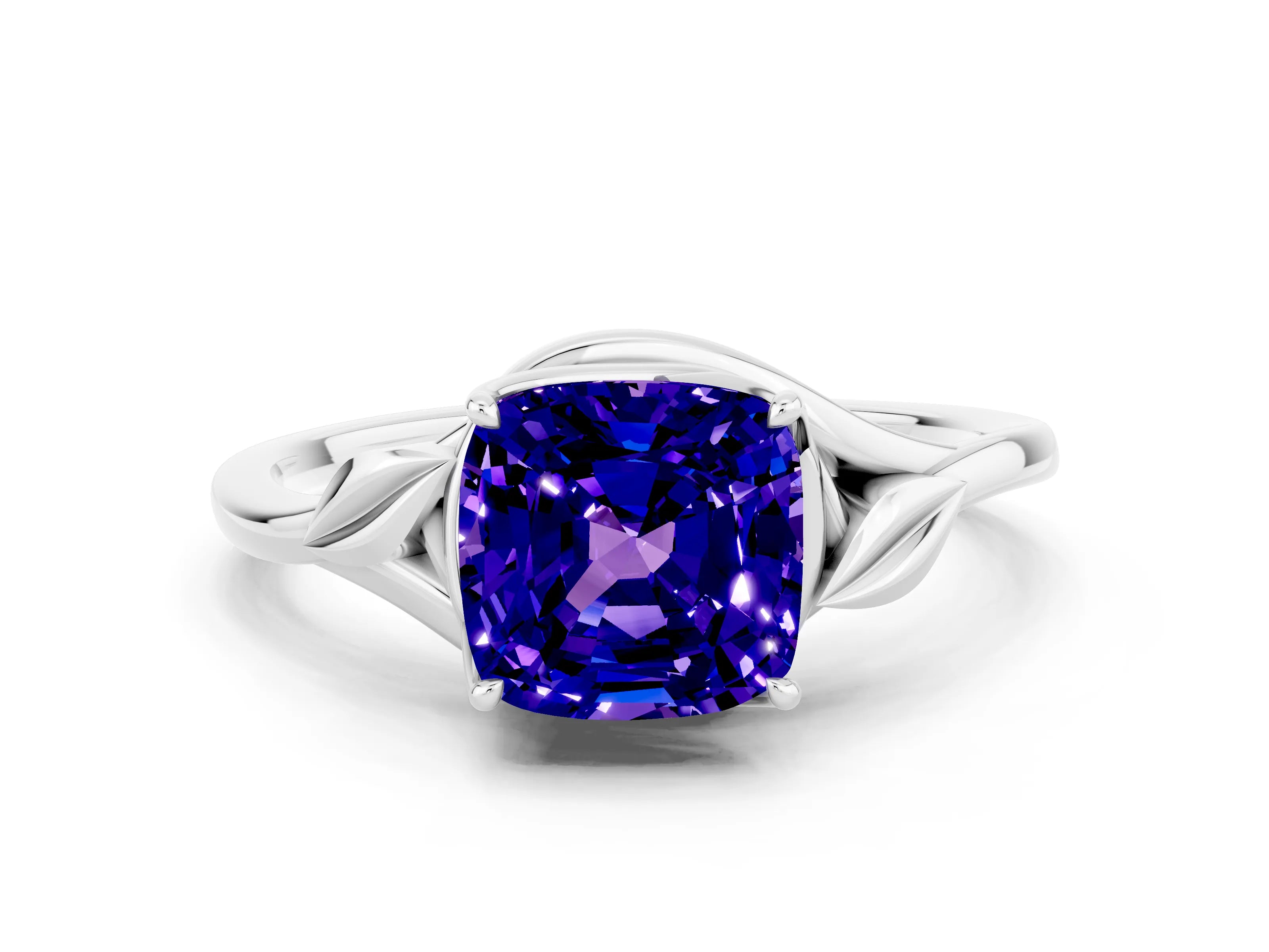 White gold Cushion Cut Tanzanite Solitaire Ring with Twist Band and Four-Prong Setting_60