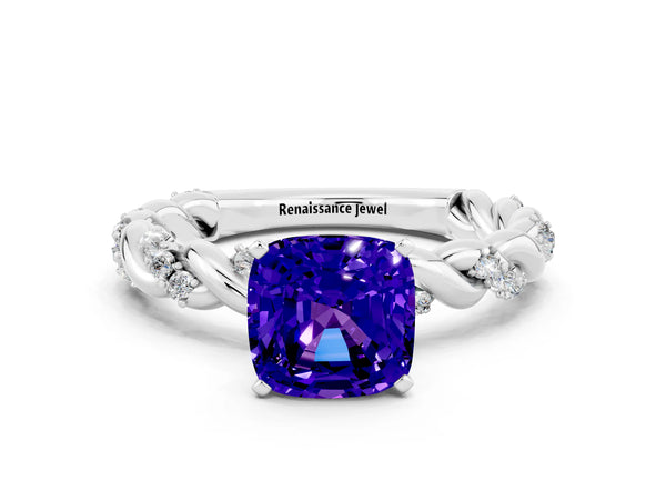 White gold Cushion Cut Tanzanite Solitaire Ring with Twisted Band and Pavé Accents