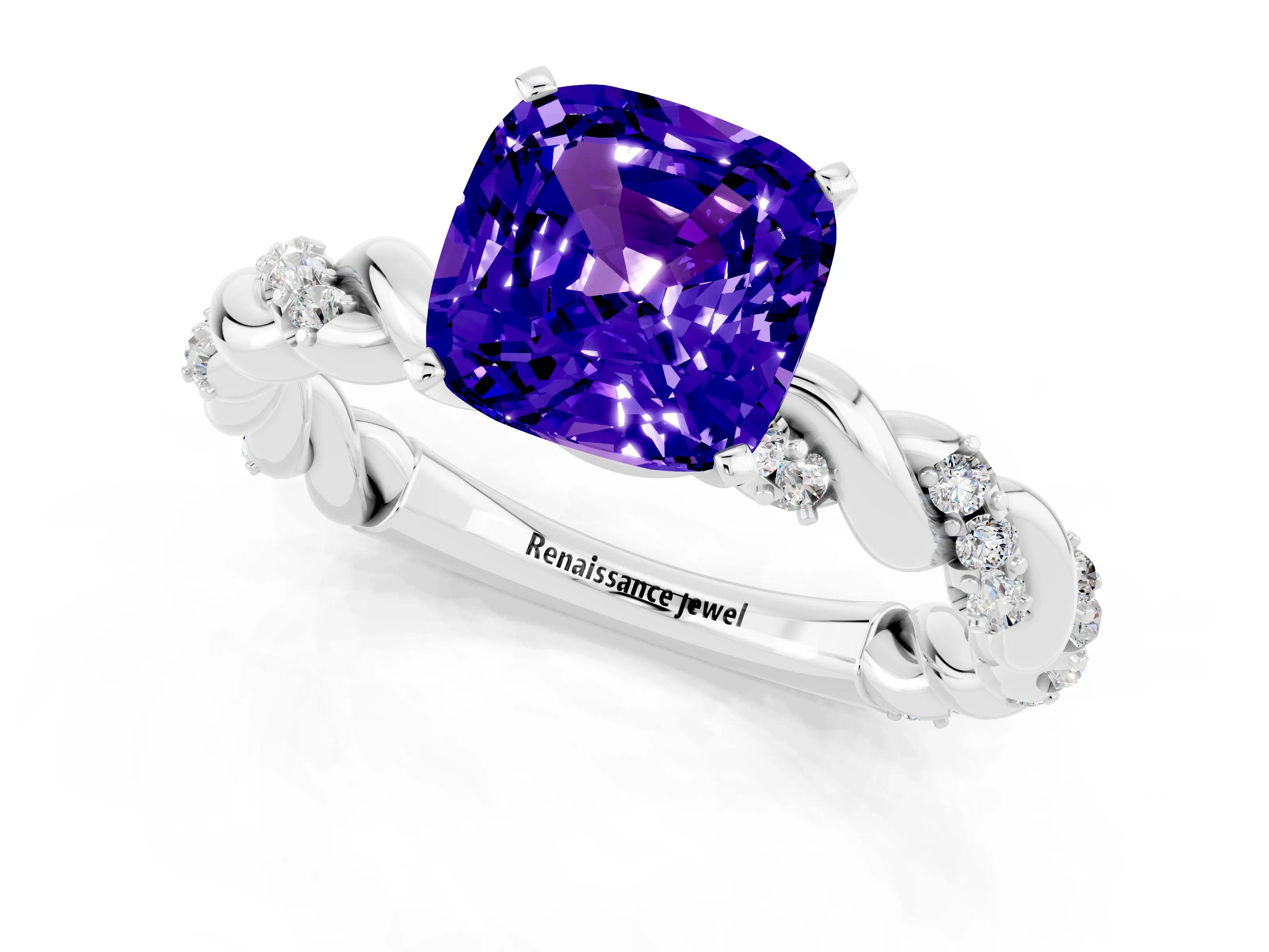White gold Cushion Cut Tanzanite Solitaire Ring with Twisted Band and Pavé Accents_1