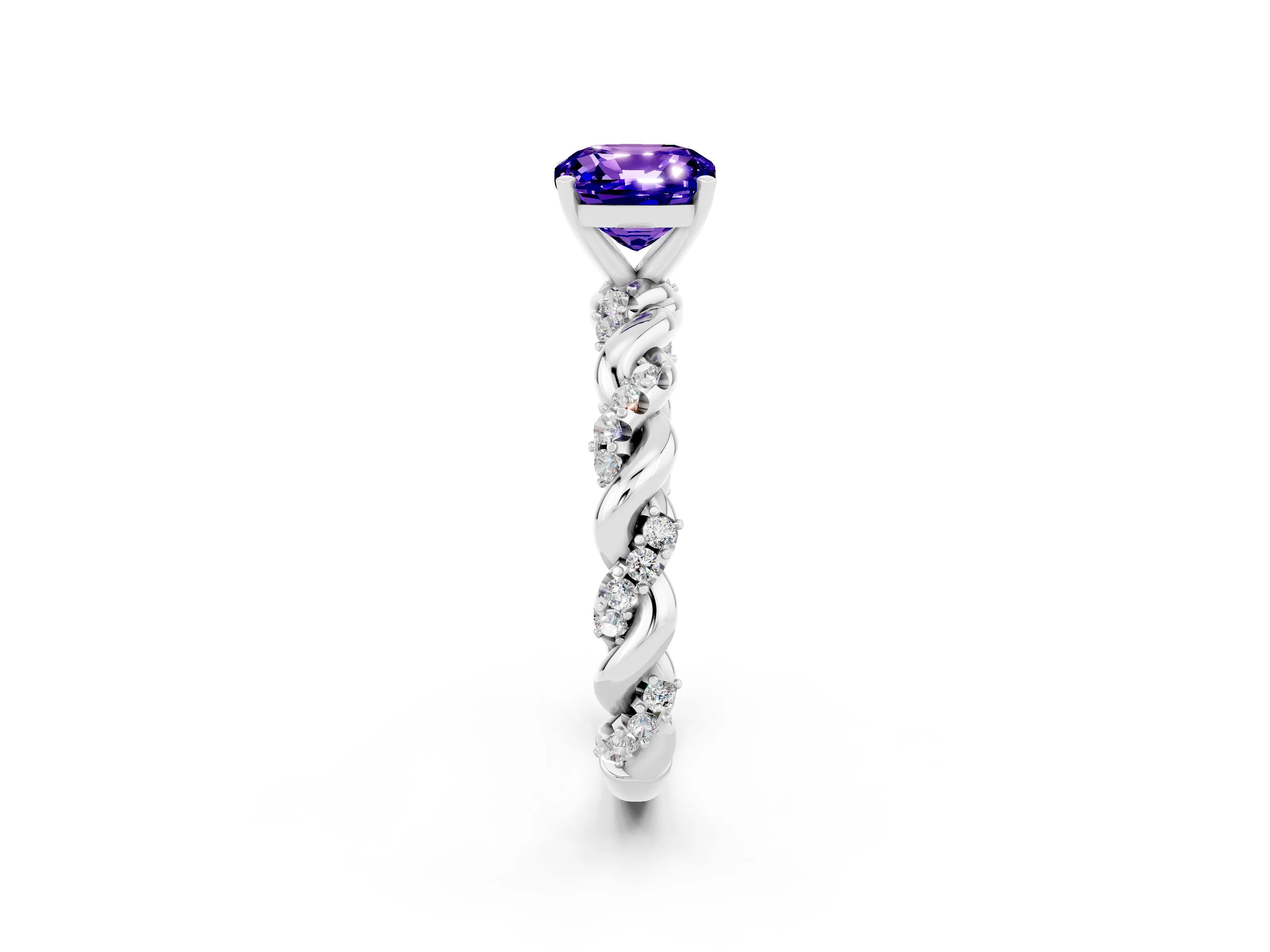 White gold Cushion Cut Tanzanite Solitaire Ring with Twisted Band and Pavé Accents_2