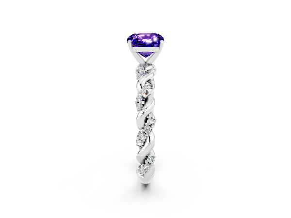 White gold Cushion Cut Tanzanite Solitaire Ring with Twisted Band and Pavé Accents