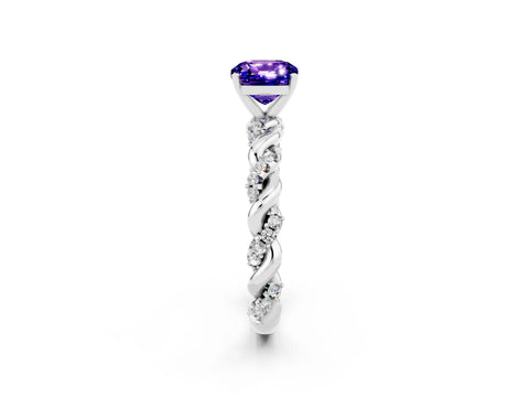 White gold Cushion Cut Tanzanite Solitaire Ring with Twisted Band and Pavé Accents_2
