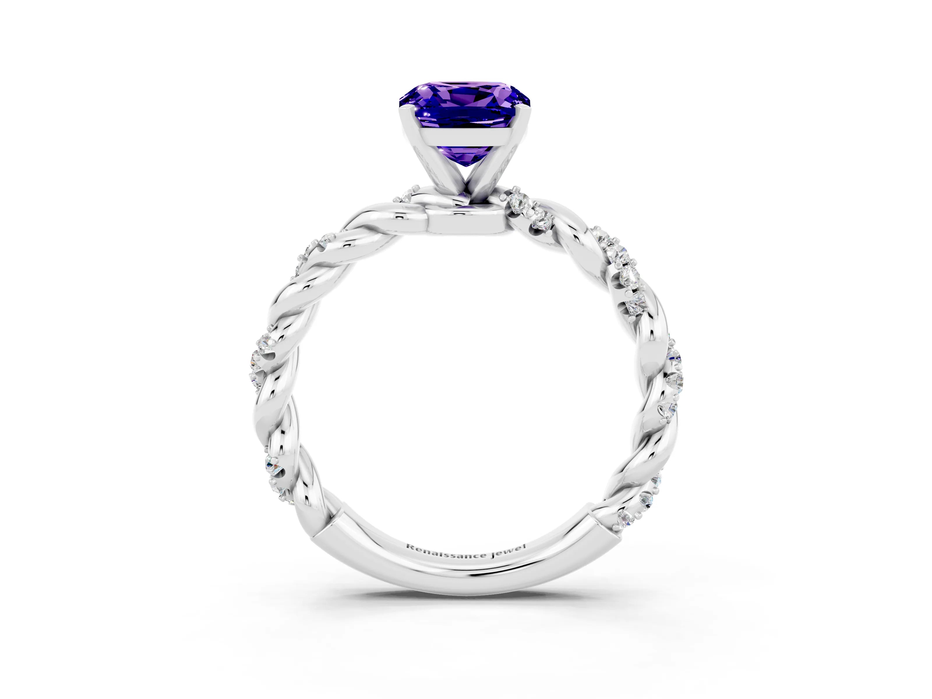 White gold Cushion Cut Tanzanite Solitaire Ring with Twisted Band and Pavé Accents_3