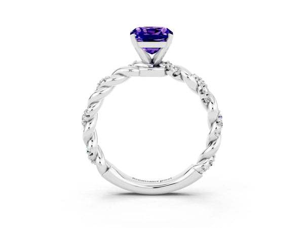 Silver Cushion Cut Tanzanite Solitaire Ring with Twisted Band and Pavé Accents