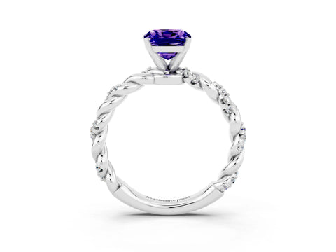 White gold Cushion Cut Tanzanite Solitaire Ring with Twisted Band and Pavé Accents_3