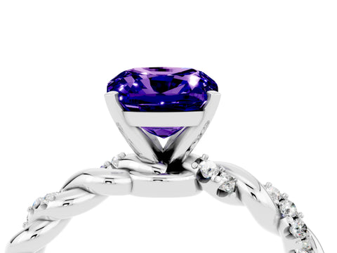 White gold Cushion Cut Tanzanite Solitaire Ring with Twisted Band and Pavé Accents_4