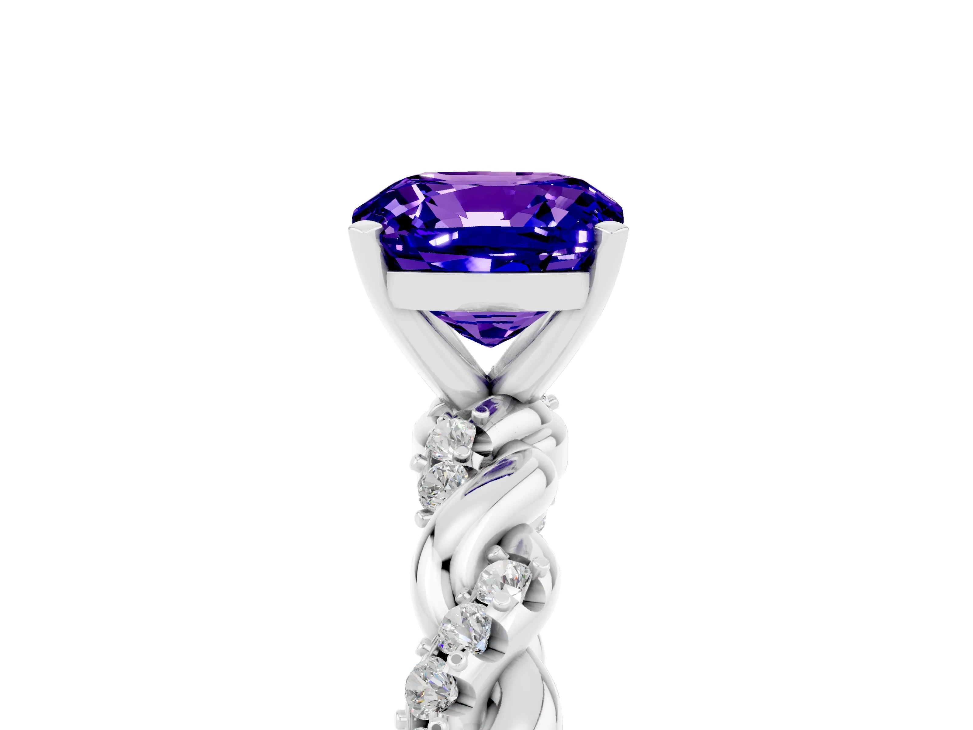 White gold Cushion Cut Tanzanite Solitaire Ring with Twisted Band and Pavé Accents_5