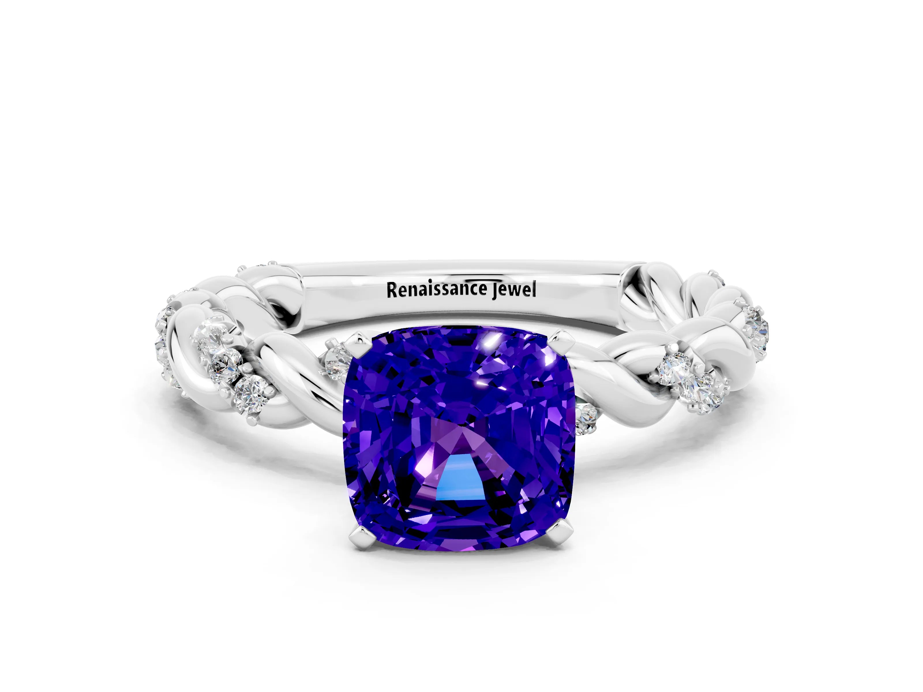 White gold Cushion Cut Tanzanite Solitaire Ring with Twisted Band and Pavé Accents