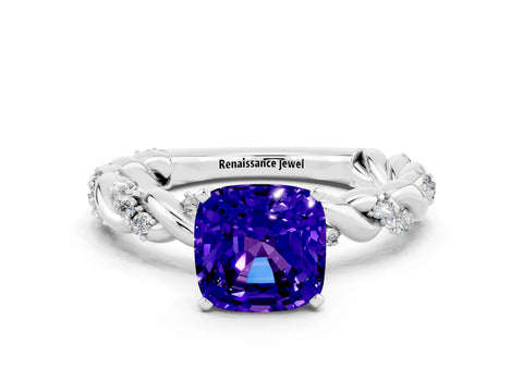 White gold Cushion Cut Tanzanite Solitaire Ring with Twisted Band and Pavé Accents