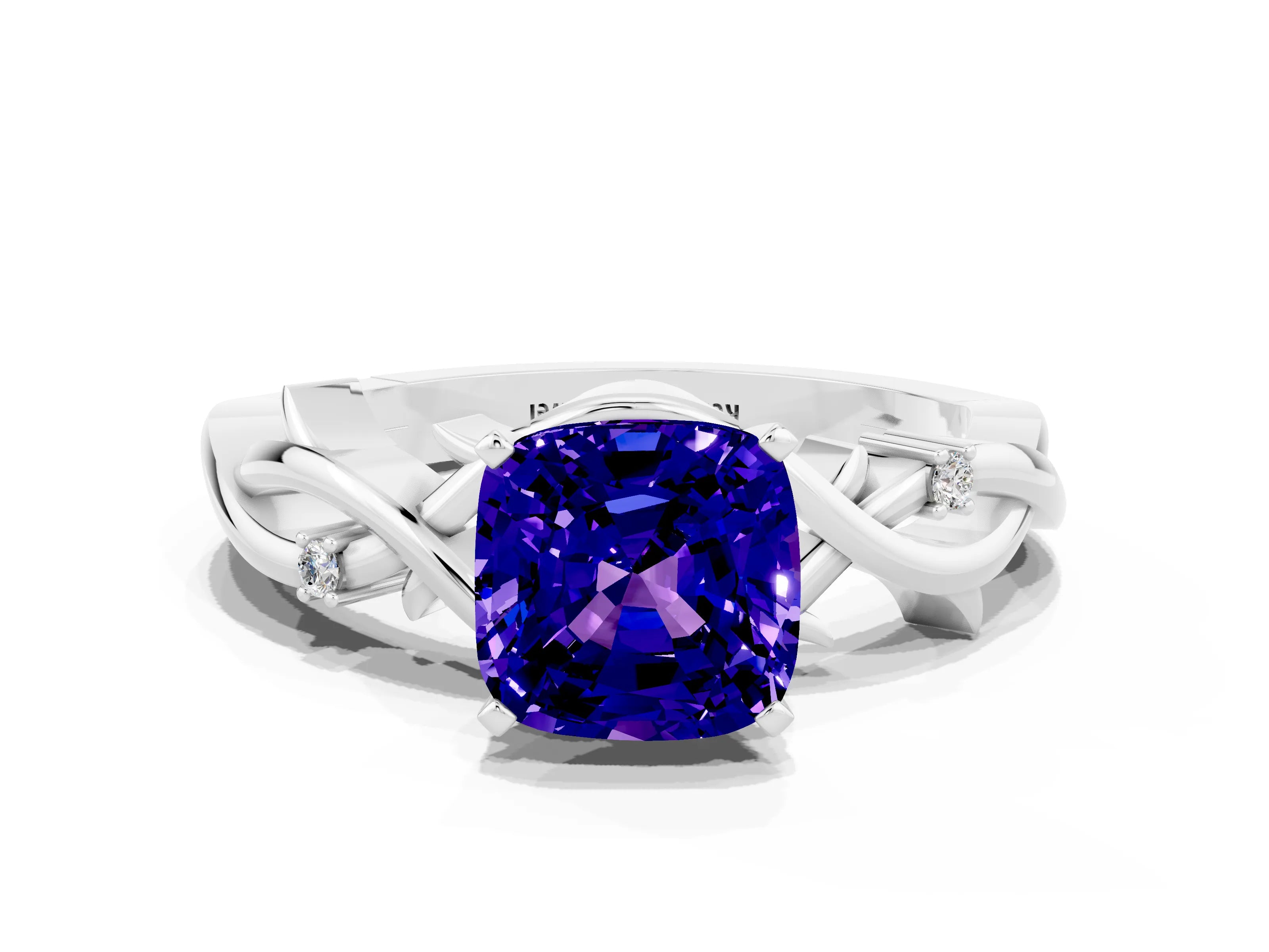 White gold Cushion Cut Tanzanite Solitaire Ring with Twisted Band and Prong Setting_12