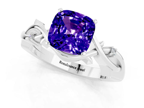 White gold Cushion Cut Tanzanite Solitaire Ring with Twisted Band and Prong Setting_13
