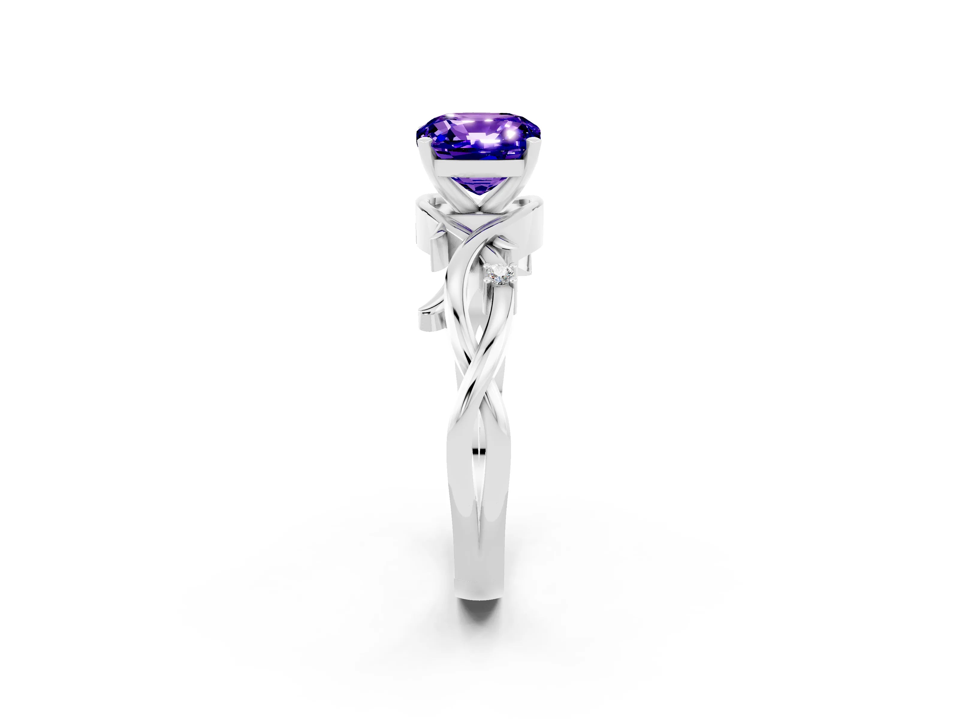 White gold Cushion Cut Tanzanite Solitaire Ring with Twisted Band and Prong Setting_14