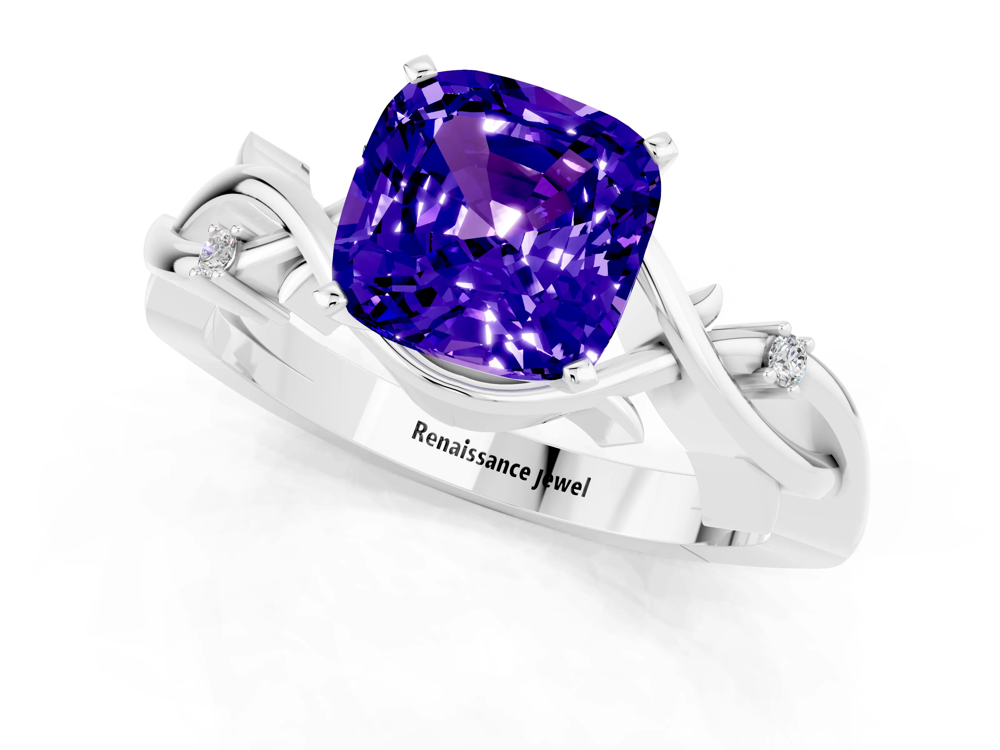 White gold Cushion Cut Tanzanite Solitaire Ring with Twisted Band and Prong Setting_1