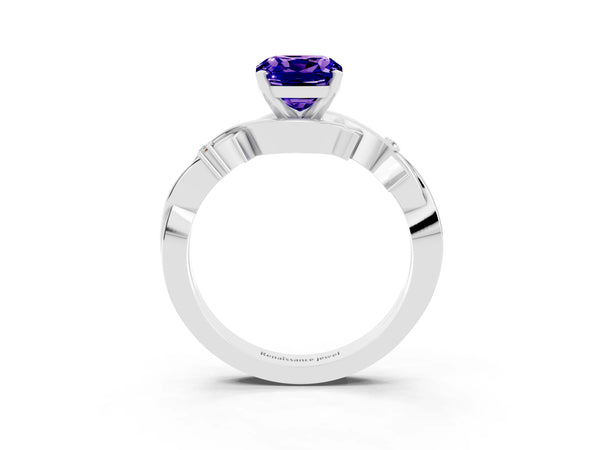 Platinum Cushion Cut Tanzanite Solitaire Ring with Twisted Band and Prong Setting
