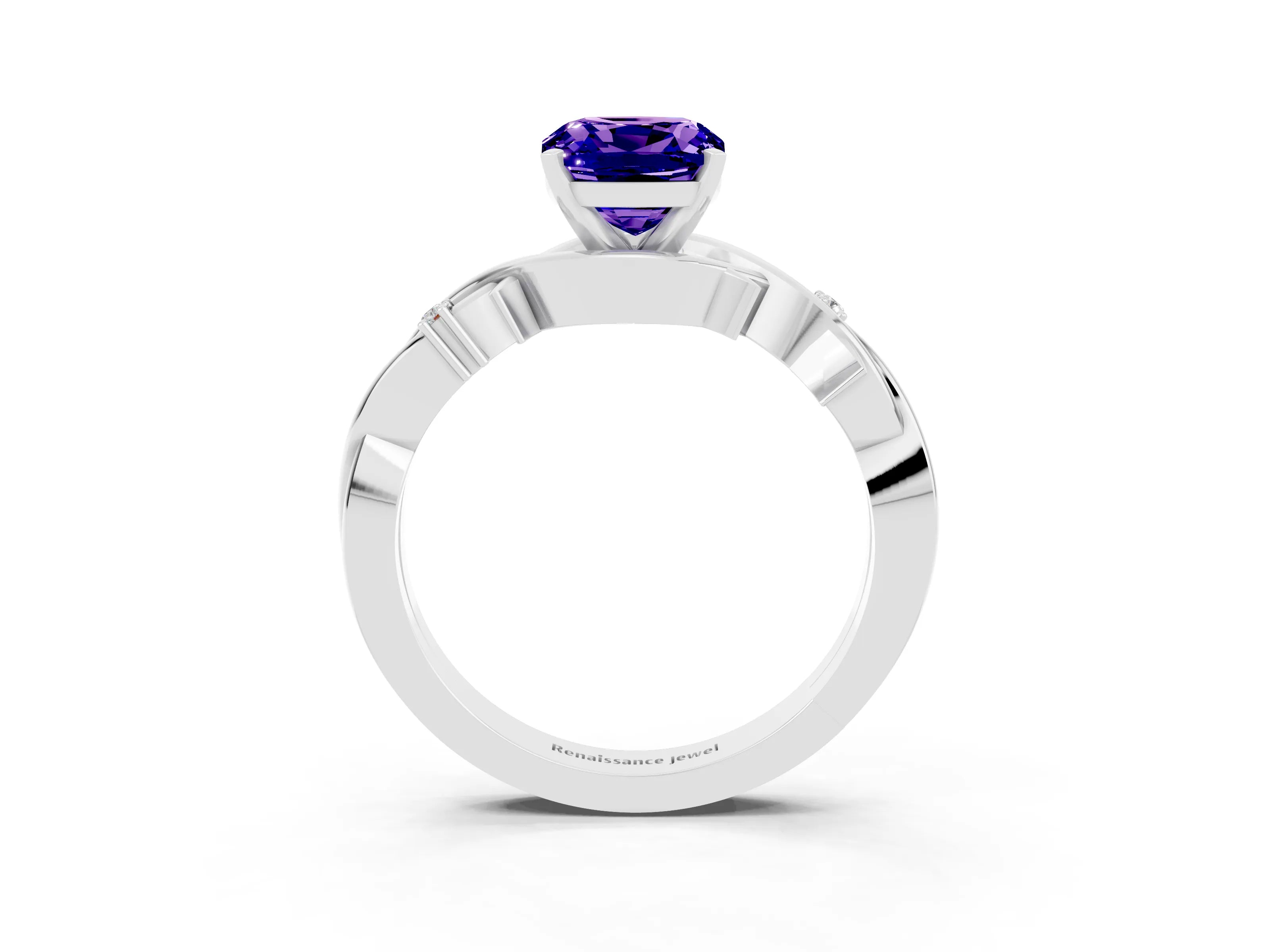 White gold Cushion Cut Tanzanite Solitaire Ring with Twisted Band and Prong Setting_3