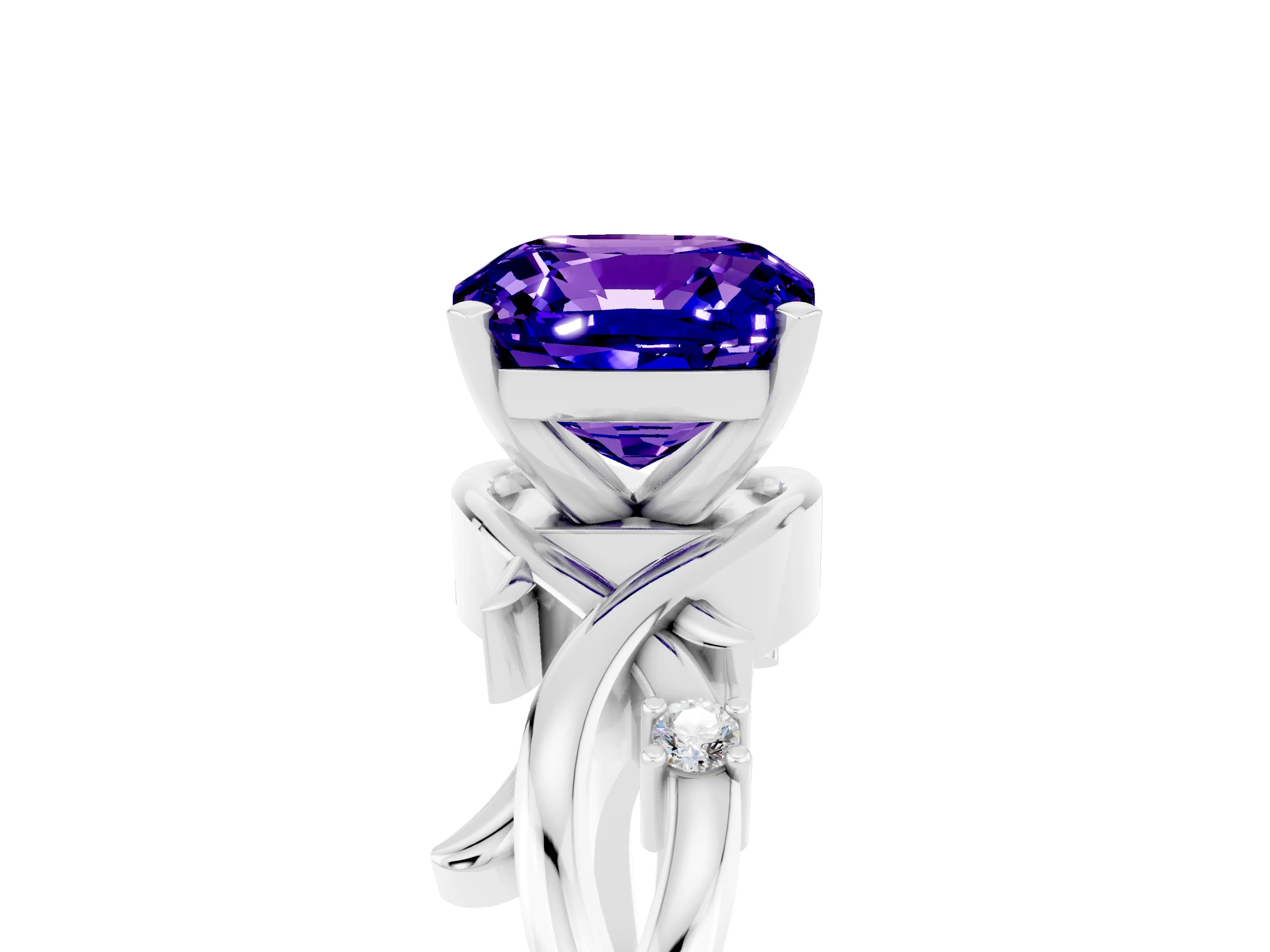White gold Cushion Cut Tanzanite Solitaire Ring with Twisted Band and Prong Setting_5
