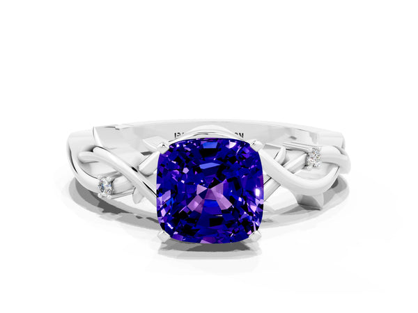 Silver Cushion Cut Tanzanite Solitaire Ring with Twisted Band and Prong Setting