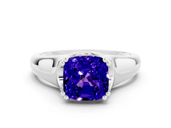 Platinum Cushion Cut Tanzanite Solitaire Ring with Wide Band and Prong Setting