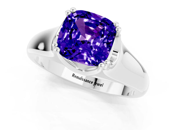 White gold Cushion Cut Tanzanite Solitaire Ring with Wide Band and Prong Setting