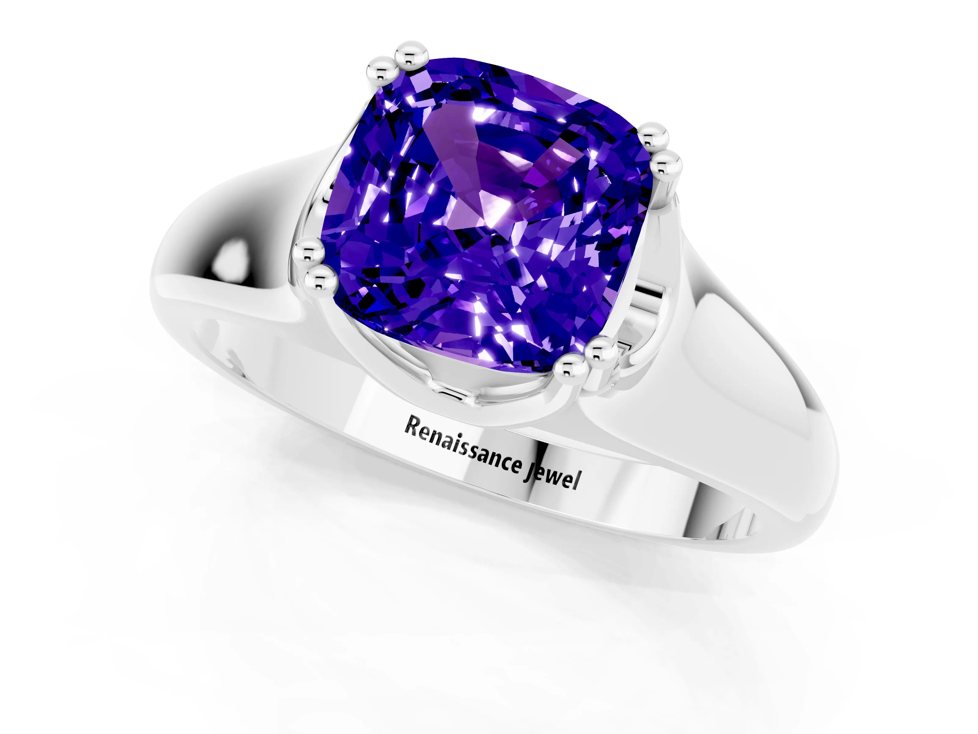 White gold Cushion Cut Tanzanite Solitaire Ring with Wide Band and Prong Setting_1