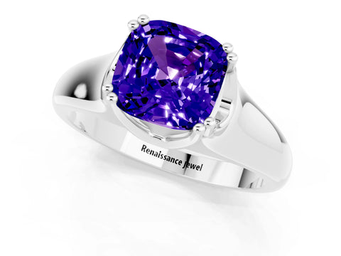 White gold Cushion Cut Tanzanite Solitaire Ring with Wide Band and Prong Setting_1