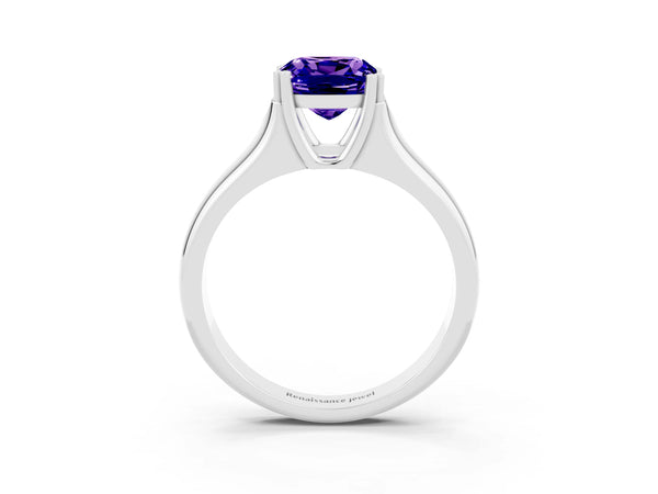 Silver Cushion Cut Tanzanite Solitaire Ring with Wide Band and Prong Setting