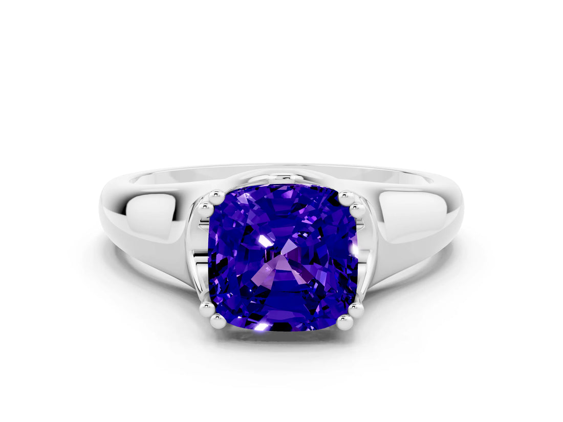 White gold Cushion Cut Tanzanite Solitaire Ring with Wide Band and Prong Setting