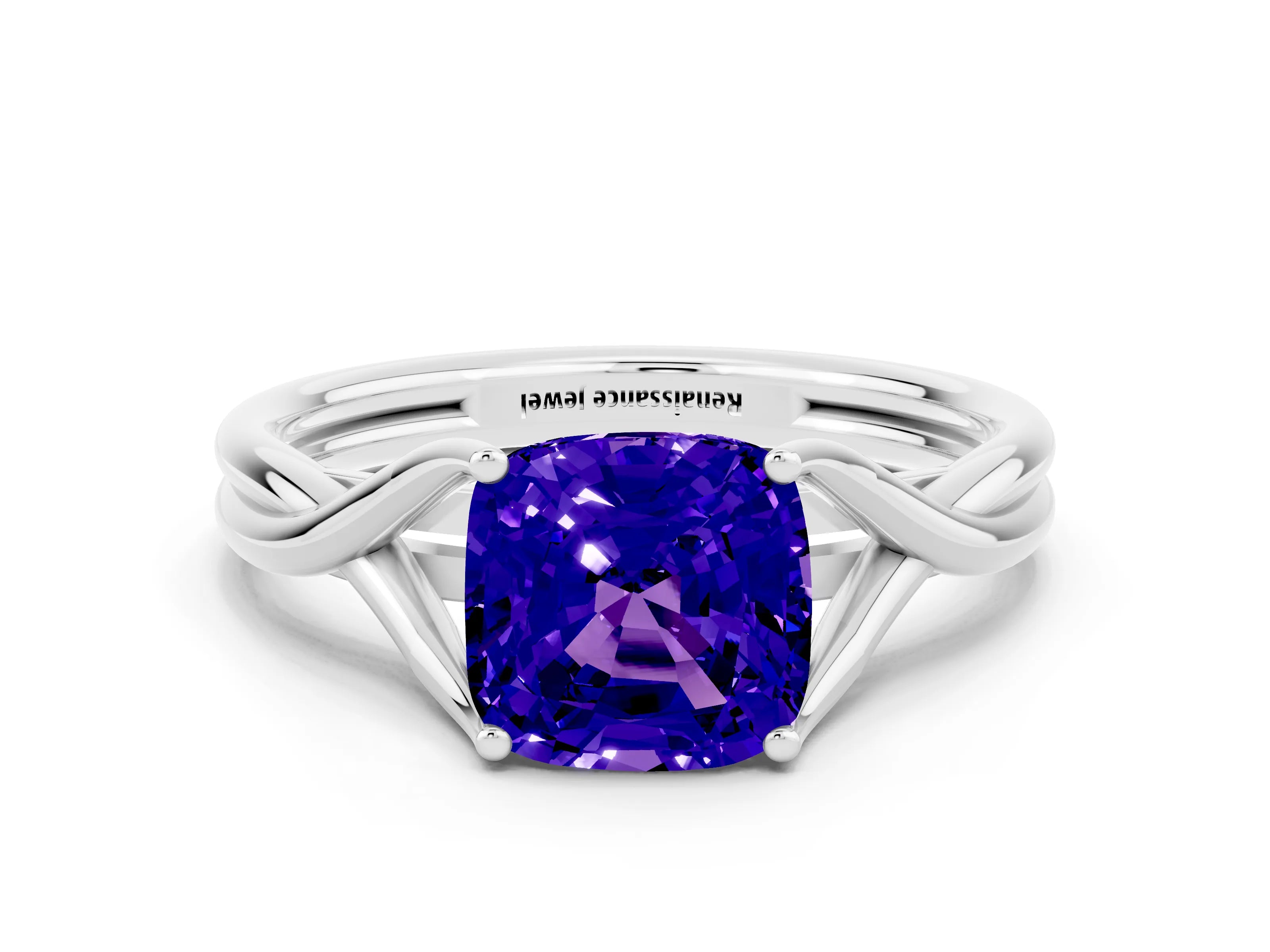 White gold Cushion Cut Tanzanite Solitaire Twist Band Prong Setting Ring_24