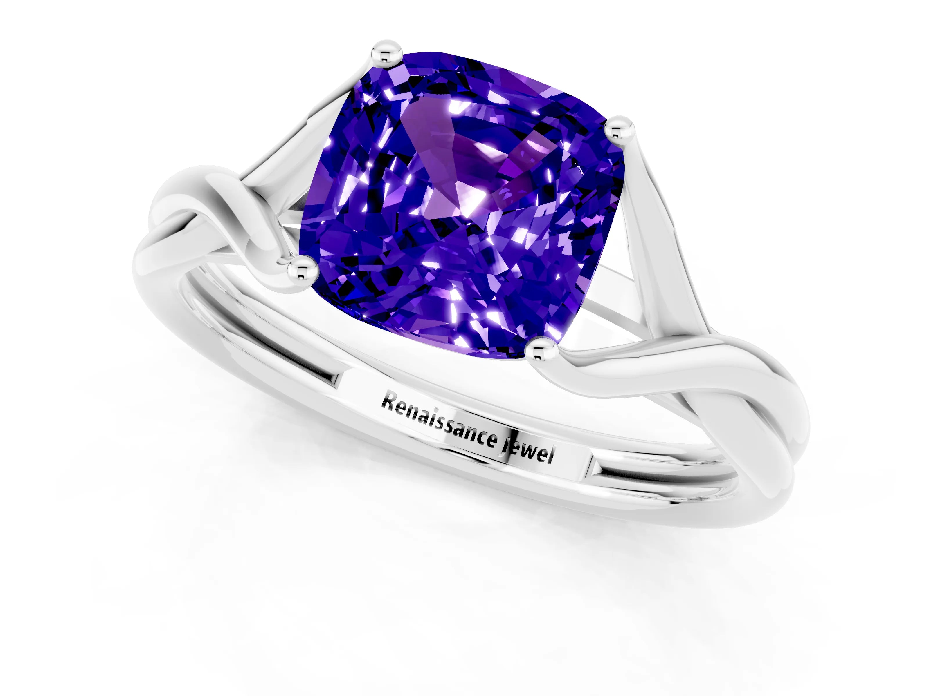 White gold Cushion Cut Tanzanite Solitaire Twist Band Prong Setting Ring_25