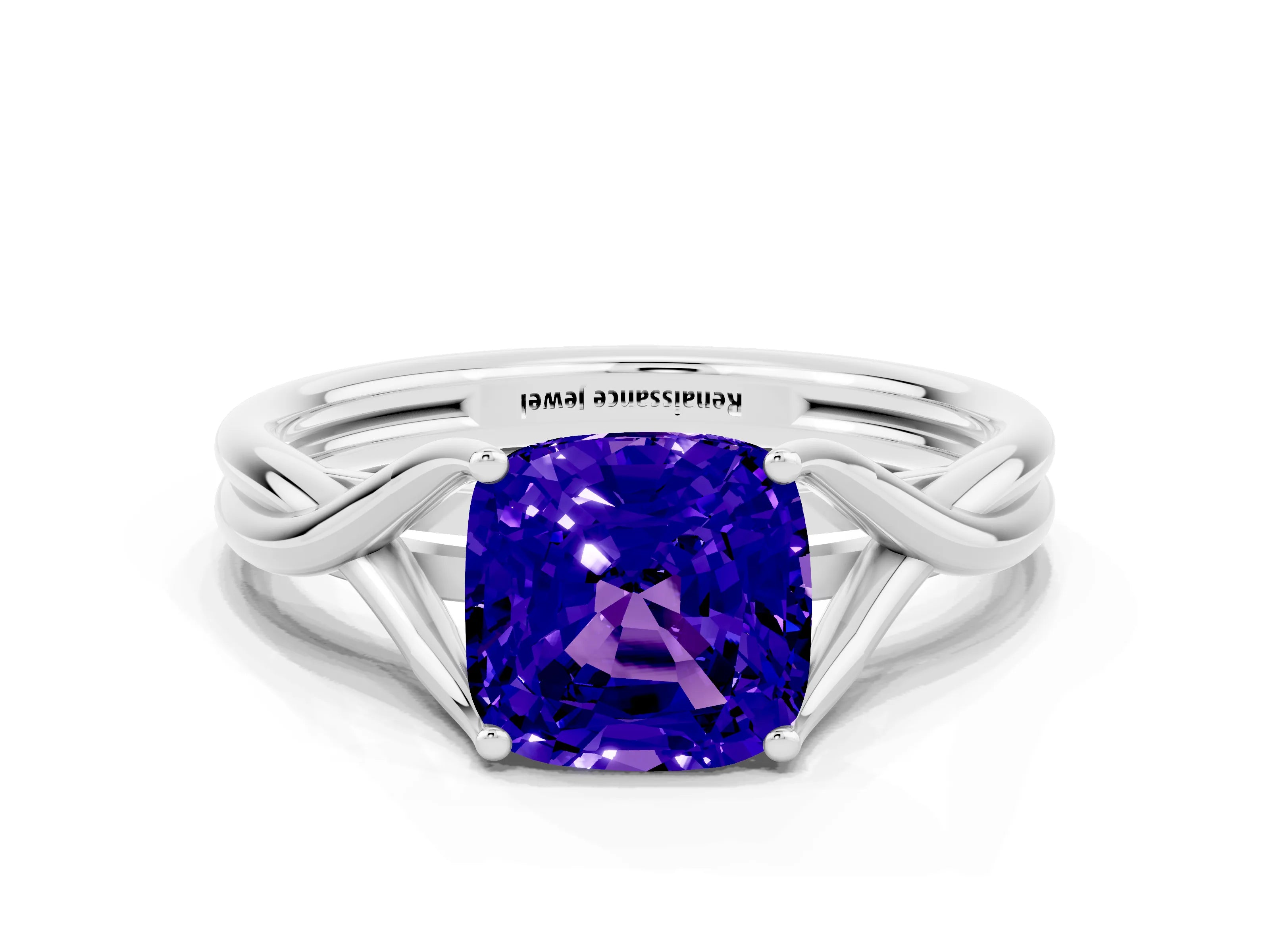 White gold Cushion Cut Tanzanite Solitaire Twist Band Prong Setting Ring_36