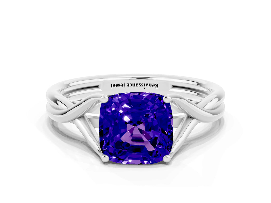 White gold Cushion Cut Tanzanite Solitaire Twist Band Prong Setting Ring_36