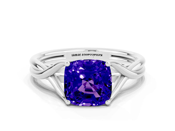 White gold Cushion Cut Tanzanite Solitaire Twist Band Prong Setting Ring