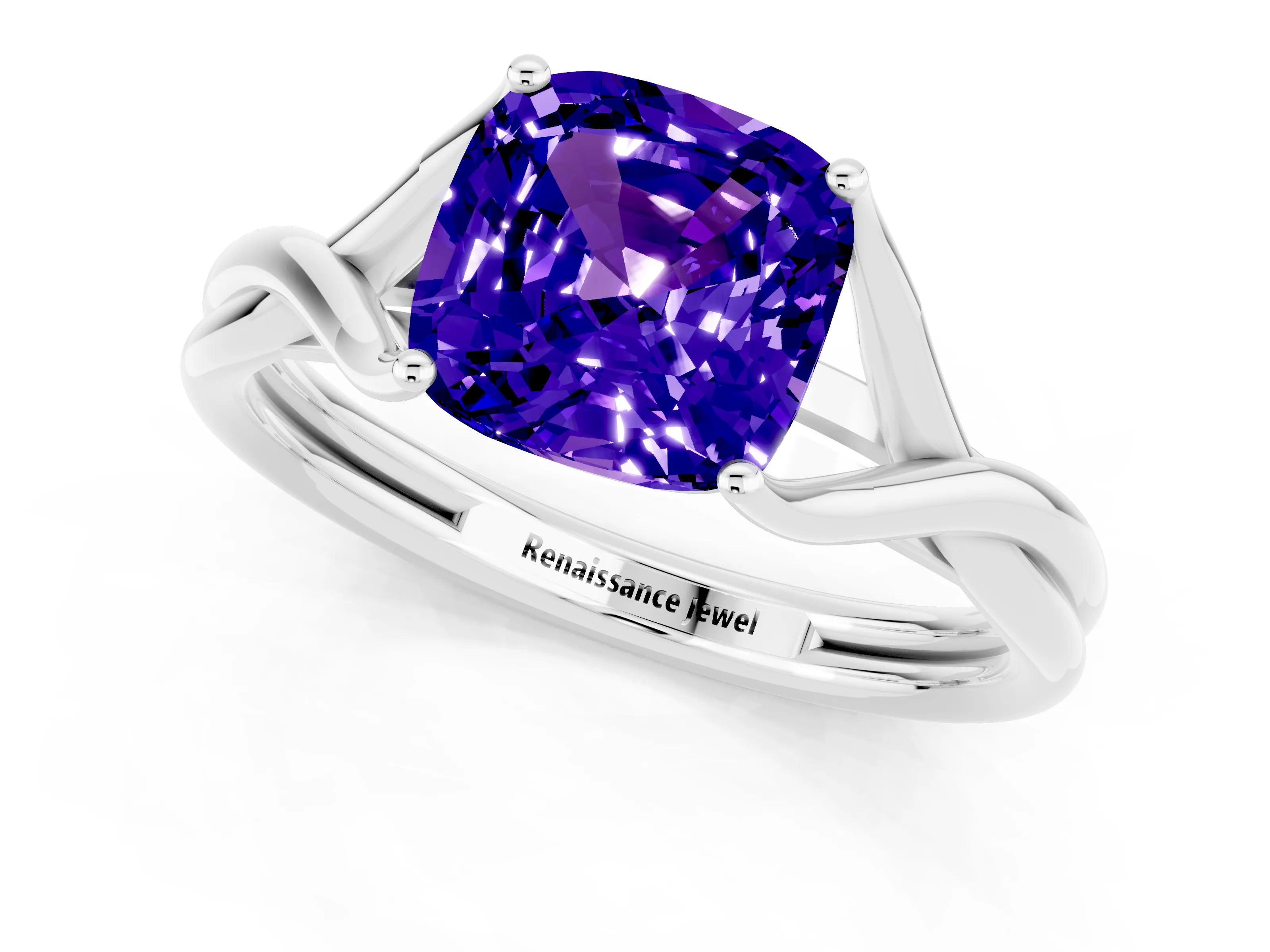 White gold Cushion Cut Tanzanite Solitaire Twist Band Prong Setting Ring_37