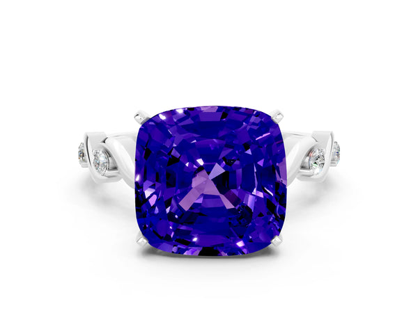 Platinum Cushion Cut Tanzanite Solitaire Twisted Band with Round  Accents and Prong Setting