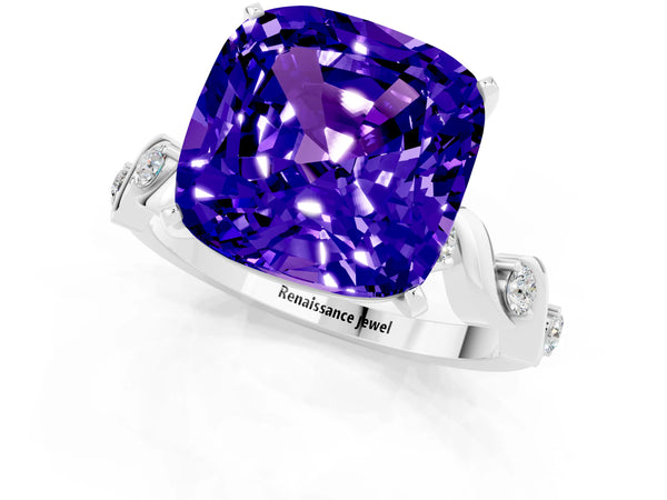 Silver Cushion Cut Tanzanite Solitaire Twisted Band with Round  Accents and Prong Setting