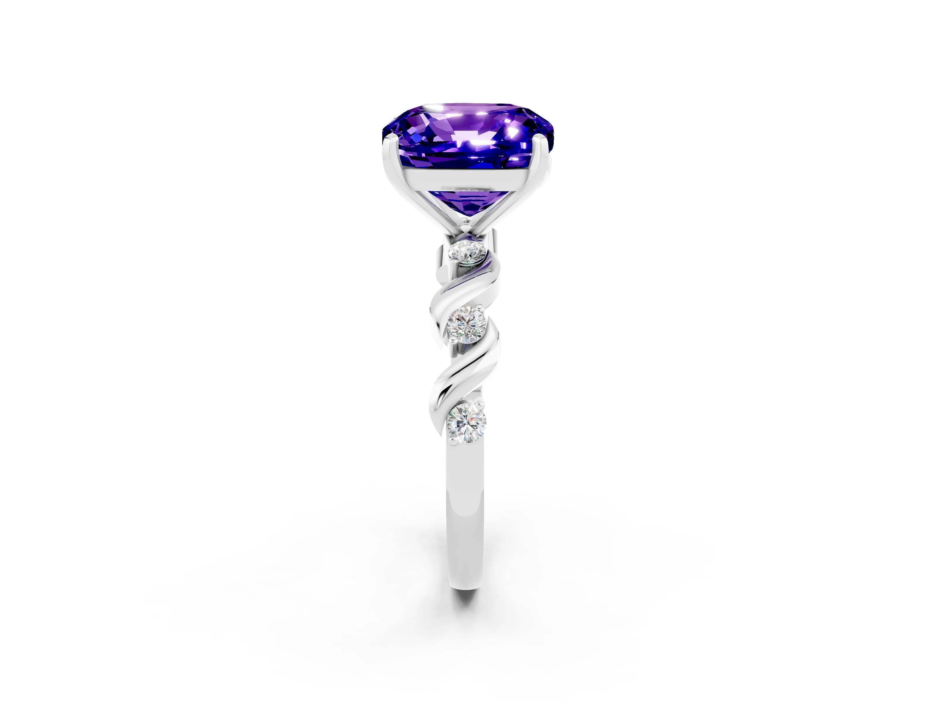 White gold Cushion Cut Tanzanite Solitaire Twisted Band with Round  Accents and Prong Setting_26