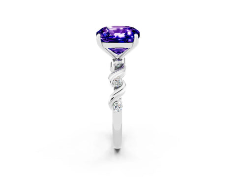 White gold Cushion Cut Tanzanite Solitaire Twisted Band with Round  Accents and Prong Setting_26