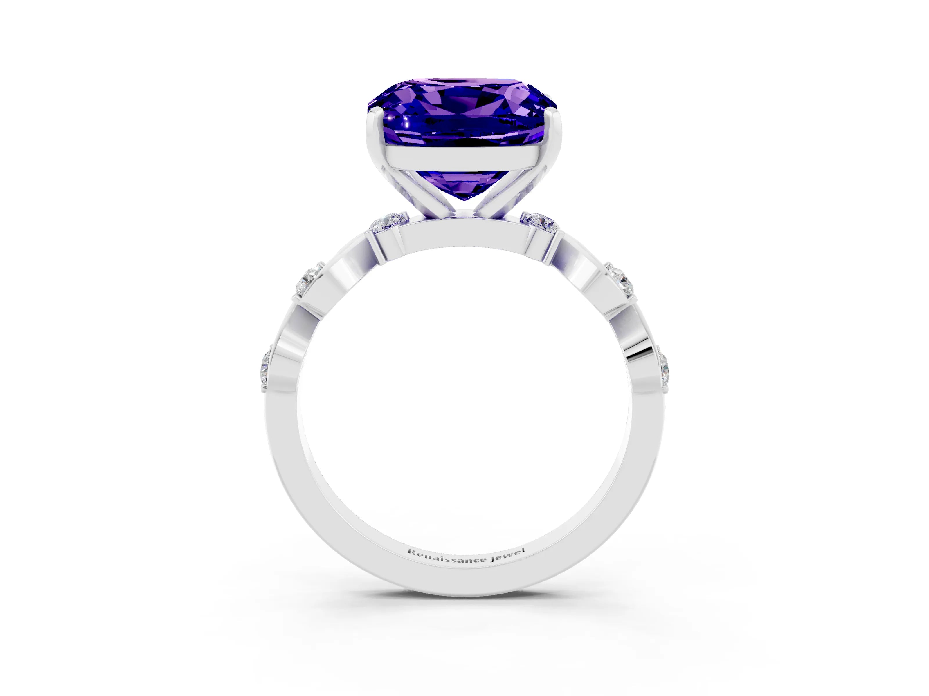 White gold Cushion Cut Tanzanite Solitaire Twisted Band with Round  Accents and Prong Setting_27