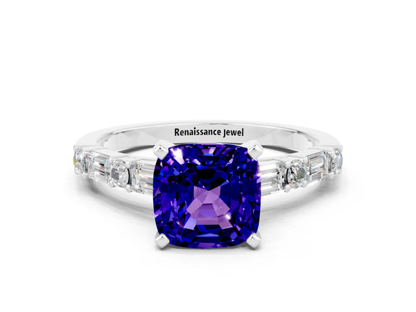 Platinum Cushion Cut Tanzanite Solitaire with Side Baguettes and Channel Set Band
