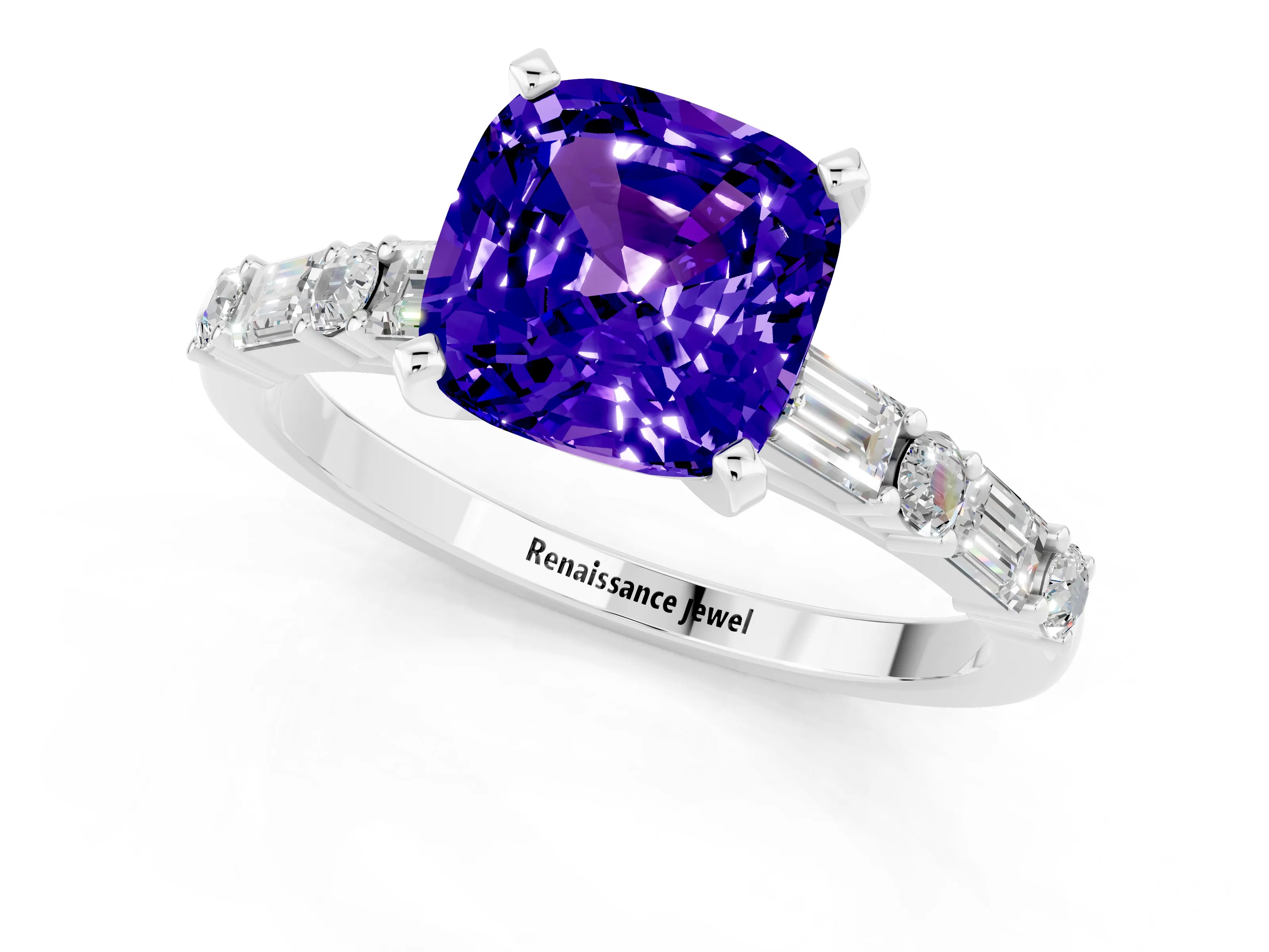 White gold Cushion Cut Tanzanite Solitaire with Side Baguettes and Channel Set Band_1