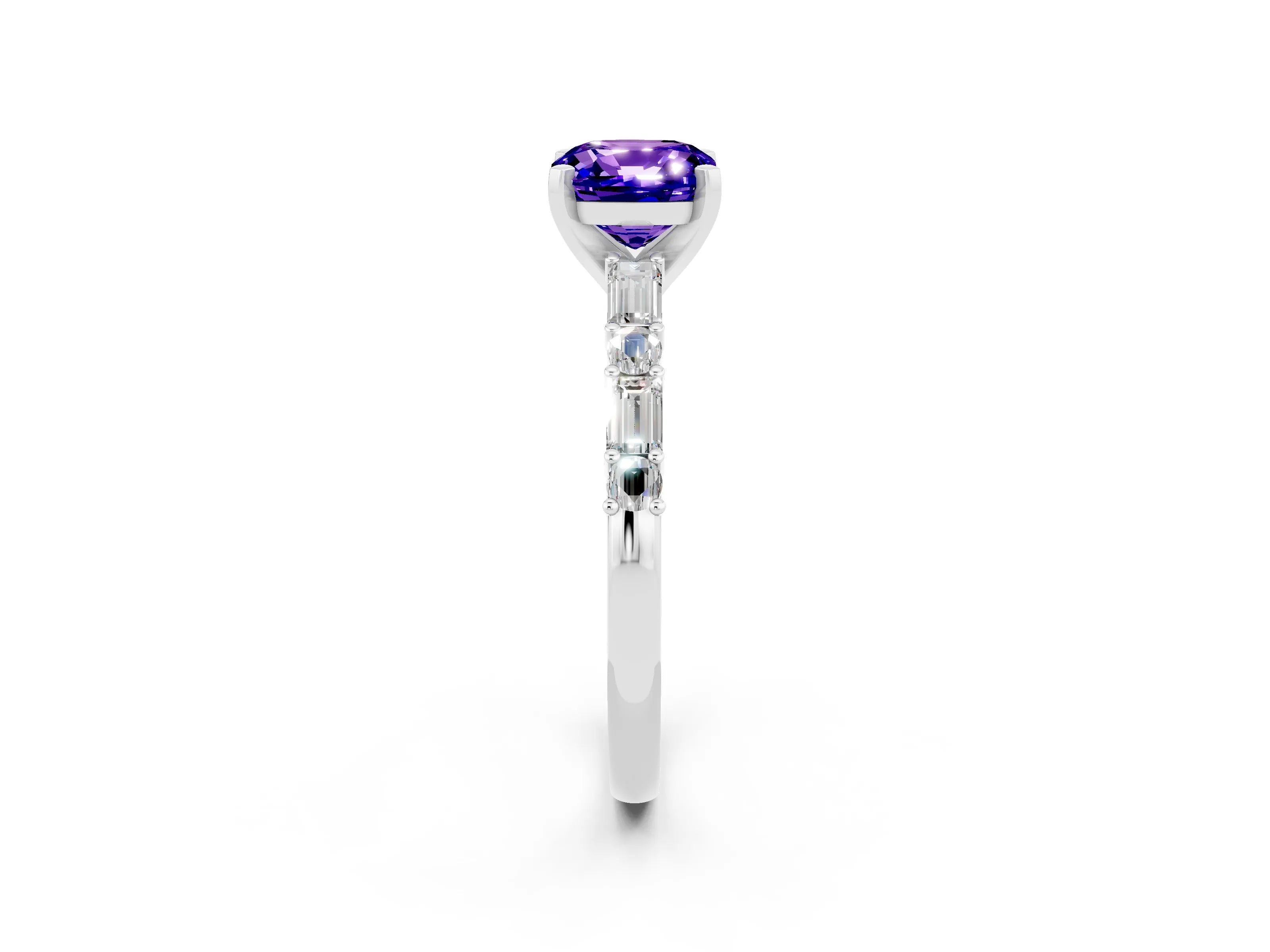 White gold Cushion Cut Tanzanite Solitaire with Side Baguettes and Channel Set Band_2
