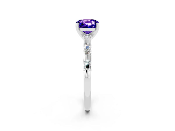 Silver Cushion Cut Tanzanite Solitaire with Side Baguettes and Channel Set Band